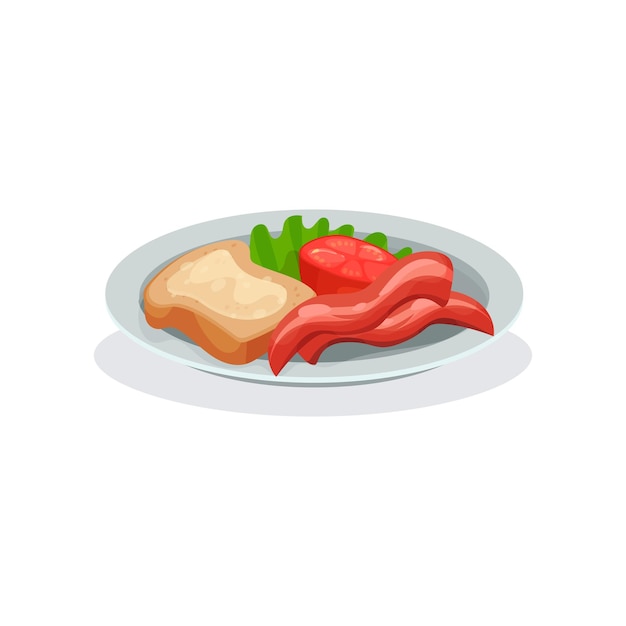 Ham tomato bread and butter on a plate traditional English breakfast vector Illustration on a white background