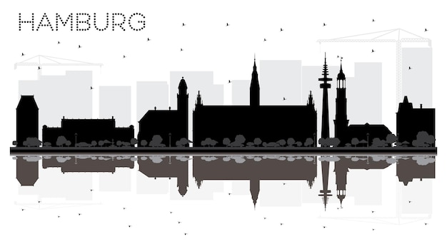 ハンブルクドイツ市のスカイラインの黒と白のシルエットと反射。ベクトルイラスト。出張の概念。ランドマークのあるハンブルクの街並み。