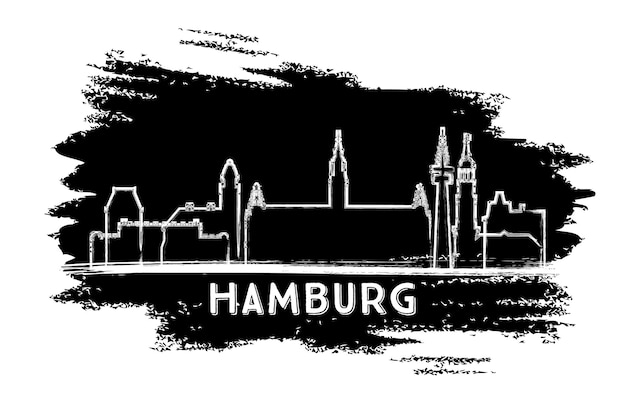 Гамбург, германия, город на фоне линии горизонта, силуэт. рисованный эскиз. векторные иллюстрации. деловые поездки и концепция туризма с исторической архитектурой. городской пейзаж гамбурга с достопримечательностями.