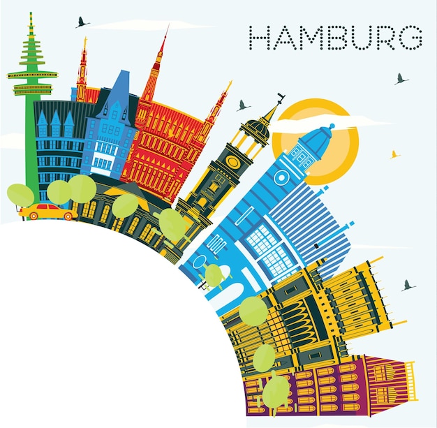 色の建物、青い空、コピースペースのあるハンブルクドイツの街並み。ベクトルイラスト。歴史的な建築とビジネス旅行と観光の概念。ランドマークのあるハンブルクの街並み。