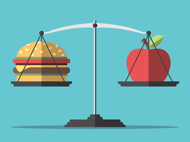 ベクトル ハンバーガーとリンゴの体重計高速食品と健康食品のバランスダイエット栄養フィットネス