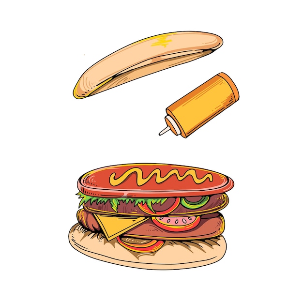 Vettore insieme di vettore delle illustrazioni di doodle disegnato a mano dell'hamburger dell'hamburger