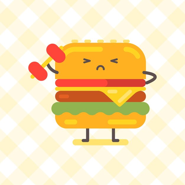 Hamburger character holding dumbbell Funny character