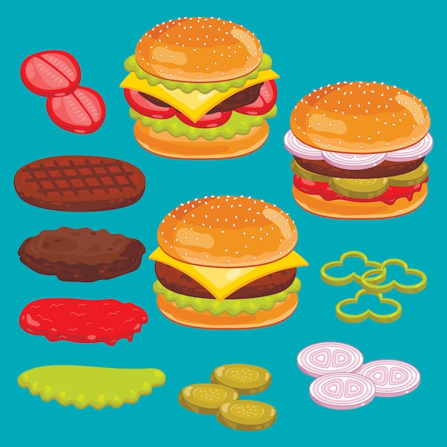 Vector hamburger and cheesburger ingredients set