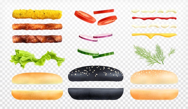 Hamburger constructor set van geïsoleerde pictogrammen en realistische afbeeldingen van cheeseburger hamburger ingrediënten op transparante achtergrond vectorillustratie