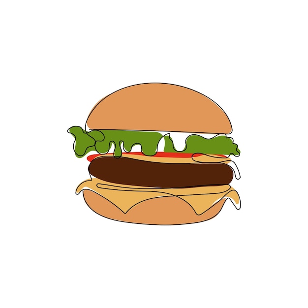Hamburger. Een lijntekeningen. Fastfood-cheeseburger. Straatvoedselconcept. Vector illustratie.