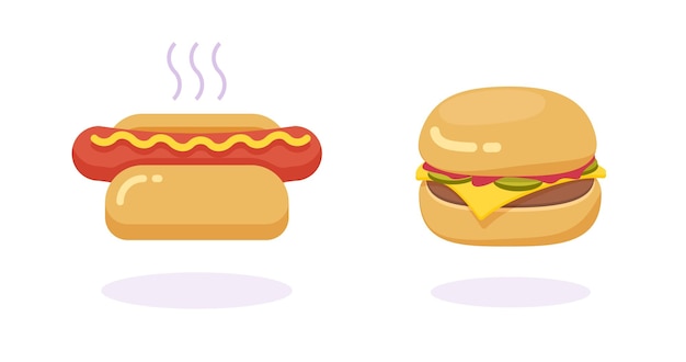 Hamburger en hotdog pictogram plat getekend of hamburger cheeseburger en hotdog sandwich fastfood geïsoleerd