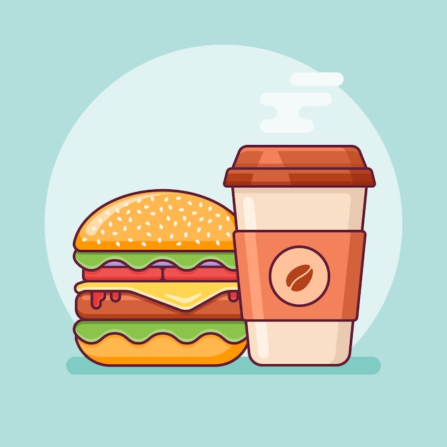 Hamburger en koffie afhaalmaaltijden platte lijn pictogram. Fast food.