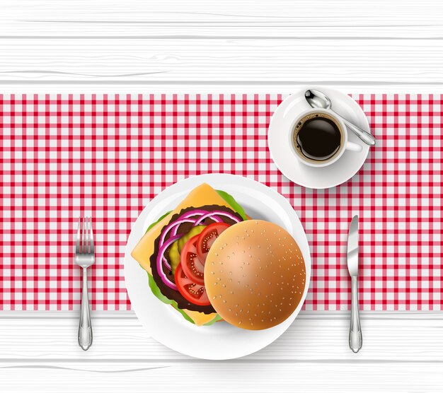 Vector hamburger en kopje zwarte koffie op houten tafel