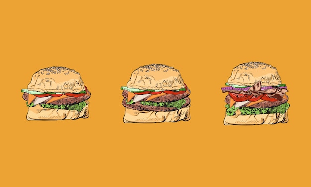 Vector hamburger. fast food set. hand getekend kleurrijke elementen. snack collectie. junk food.