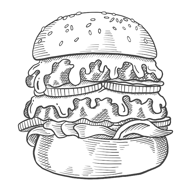 Vettore abbozzo disegnato a mano isolato singolo hamburger fast food con stile del contorno