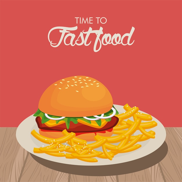 Hamburger e patatine fritte nel piatto deliziosa illustrazione di fast food