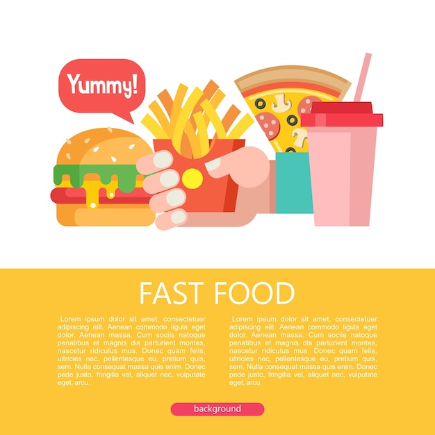 Hamburger, frites, pizza en milkshake. fast food. heerlijk eten. vectorillustratie in vlakke stijl. een set van populaire fastfoodgerechten. illustratie met ruimte voor tekst.