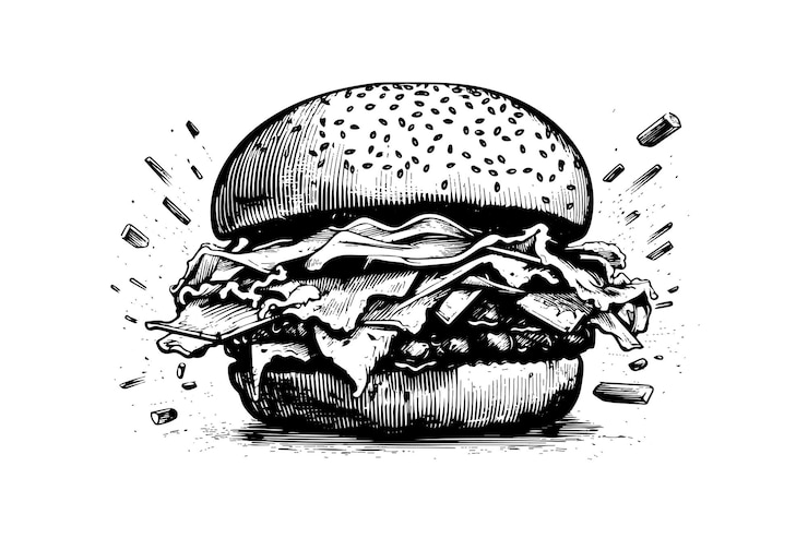 Vector hamburger gravure stijl kunst hand getrokken vectorillustratie van hamburger