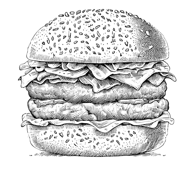 Hamburger hand drawn engraving sketch Restaurant business concept Vector illustration