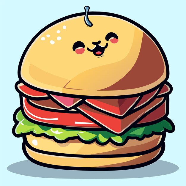 ベクトル ハンバーガー 手描きの平らなスタイリッシュな漫画のステッカー アイコンコンセプト 孤立したイラスト