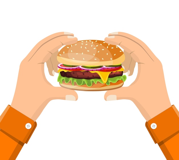 Hamburger holding in hand eating fast food concept