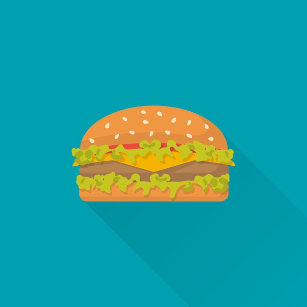 긴 그림자 있는 햄버거 아이콘입니다. 벡터 일러스트 레이 션 평면 스타일입니다. 기호 패스트 푸드입니다. 흰색 배경에 고립.