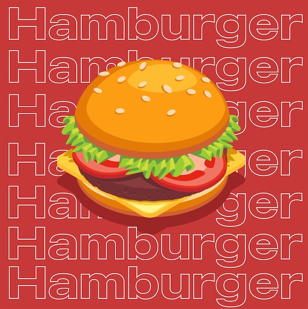 A hamburger is shown on a red background with the words hamburger on it.