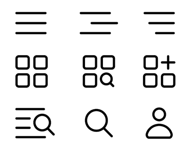 ハンバーガーメニュー アイコンセット ウェブアプリ ナビゲーションインターフェース シンプルラインサイン 検索ユーザーとオプションボタン