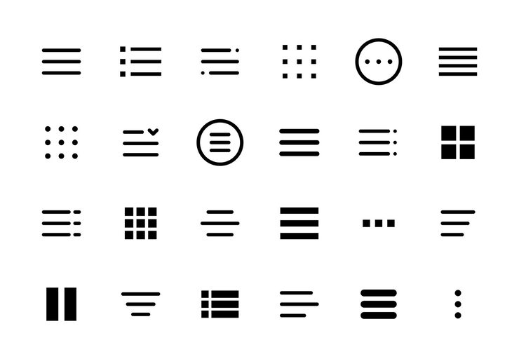 Vector hamburger menu icons web and mobile navigation buttons of app ui isolated vector burger menu symbols of collapsed menu or navigation bar with three horizontal bars squares dots and ellipsis