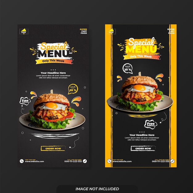 Hamburger menu promotion banner template for social media post with dark background