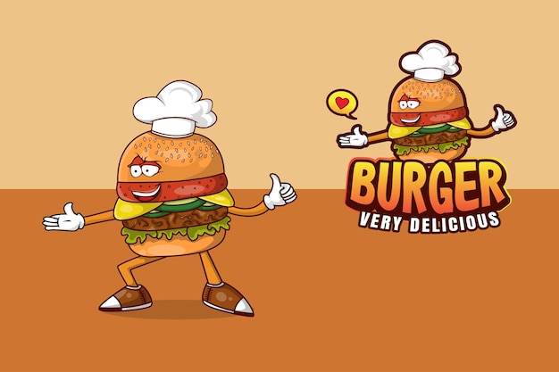 Hamburger met chef-kok hoed mascotte logo afbeelding