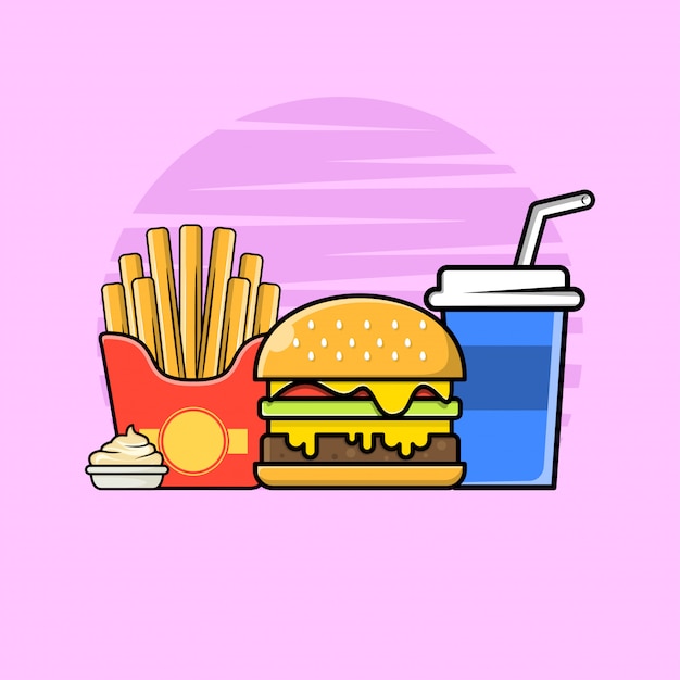 Vector hamburger met frietjes en frisdrank pictogram illustratie.