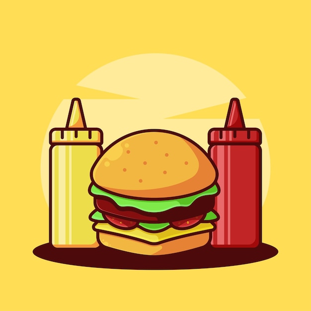 Hamburger met mosterd en ketchup cartoon vectorillustratie