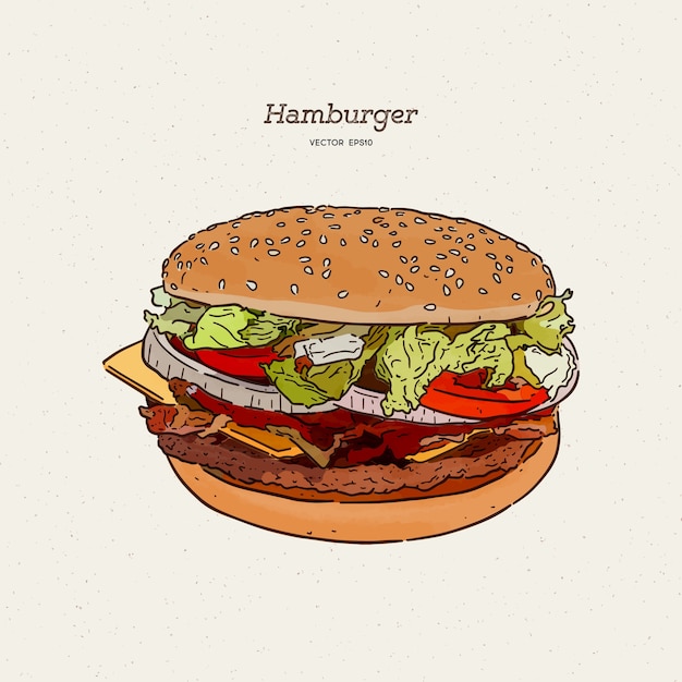 Vector hamburger met vlees en kaasillustratie. hand loting schets.