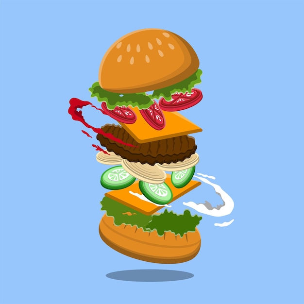 Hamburger met vliegende ingrediënten in vectorillustratie