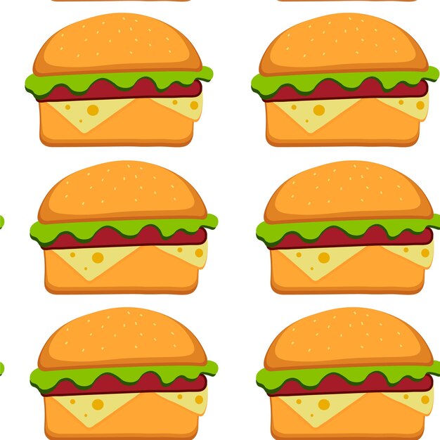 フラットスタイルのハンバーガーパターンベクトルイラスト。ファーストフードのシームレスな背景。あなたのデザインのためのベクトルイラストeps10。