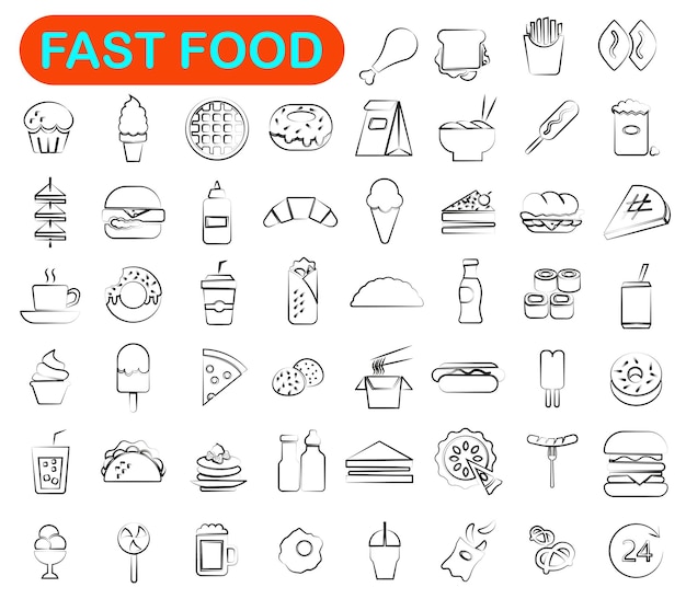 Hamburger and pizza sausages as snacks sandwiches and ice cream on the menu vector flat pictures