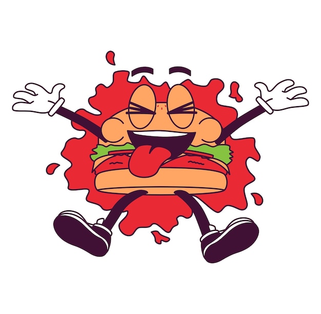 Vector hamburger retro pop stripfiguur met blij gezicht