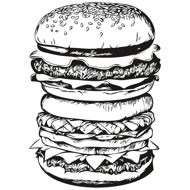 Hamburger schetsmatig grafisch portret van een hamburger op een witte hamburger als achtergrond