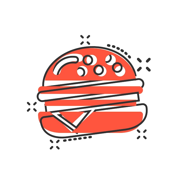 Hamburger teken pictogram in komische stijl hamburger vector cartoon afbeelding op witte geïsoleerde achtergrond cheeseburger bedrijfsconcept splash effect
