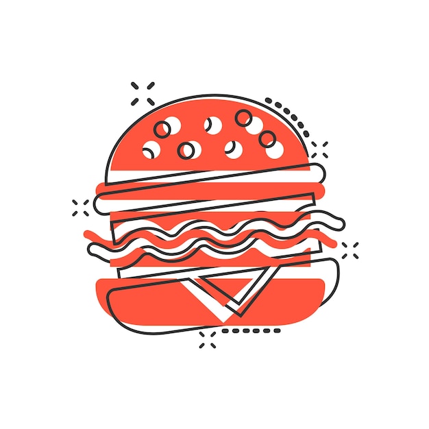 Hamburger teken pictogram in komische stijl Hamburger vector cartoon afbeelding op witte geïsoleerde achtergrond Cheeseburger bedrijfsconcept splash effect
