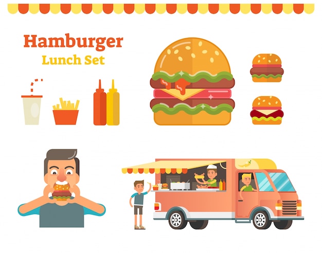 Hamburger vector illustration set with food truck