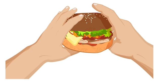 Вектор Гамбургер с беконом, сыром и салатами на булочке в руках человека. быстрая еда. карикатура на белом фоне