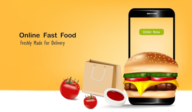 オンラインファーストフード注文のためのスマートフォンとバッグ付きハンバーガー