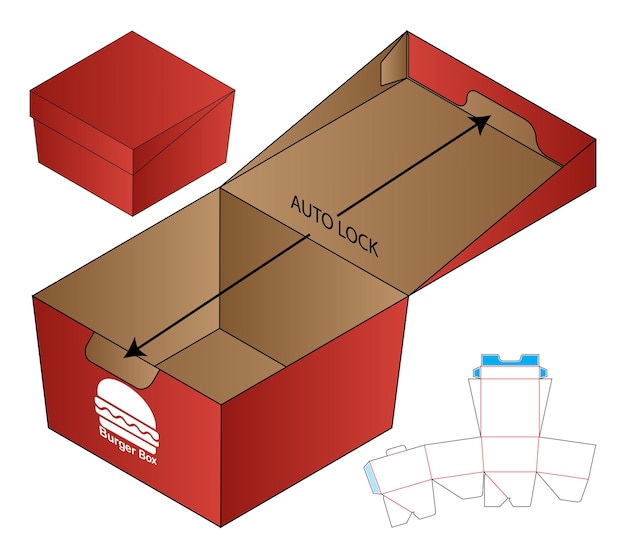 Hamburgerbox verpakking die cut sjabloon ontwerp 3d mockup
