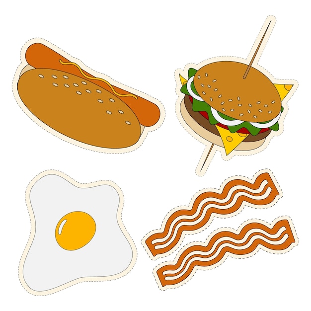 Hamburgerhotdog en een gebakken ei met reepjes spek Stickerpakket met 4 populaire fastfoodsoorten