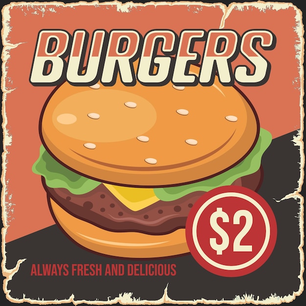 Hamburgerposter met smakelijke hamburger. Fastfood restaurant advertentie poster vector sjabloon