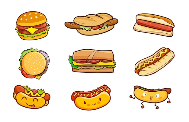 Hamburgers and hotdogs in simple doodle style