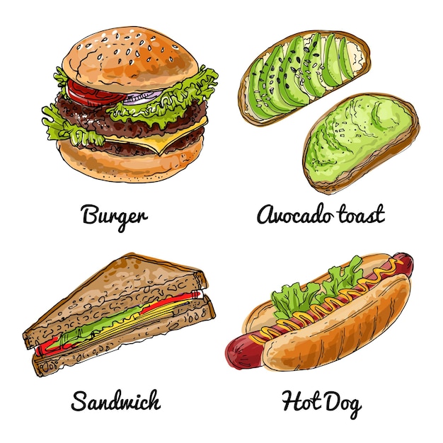 Vector hamburgers zijn snel straatvoedsel vector tekening van voedsel ongezond voedsel hot dog hamburger avocado toast sandwich