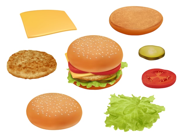 Vettore hamburgher. realistico fast food ingredienti verdure pomodoro manzo pasto insalata delizioso costruttore di cibo. hamburger di illustrazione o cheeseburger, lattuga e pane