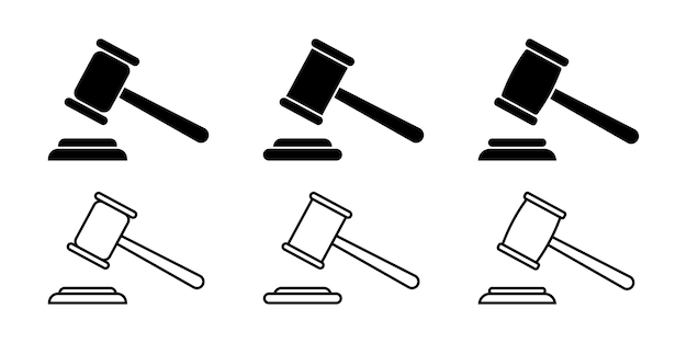 Hamer pictogram vector set. Inzameling van rechtershamer op witte achtergrond. Oordeel symbool.