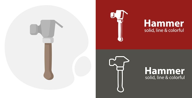 Hammer isolated tool flat icon with hammer solid line icons