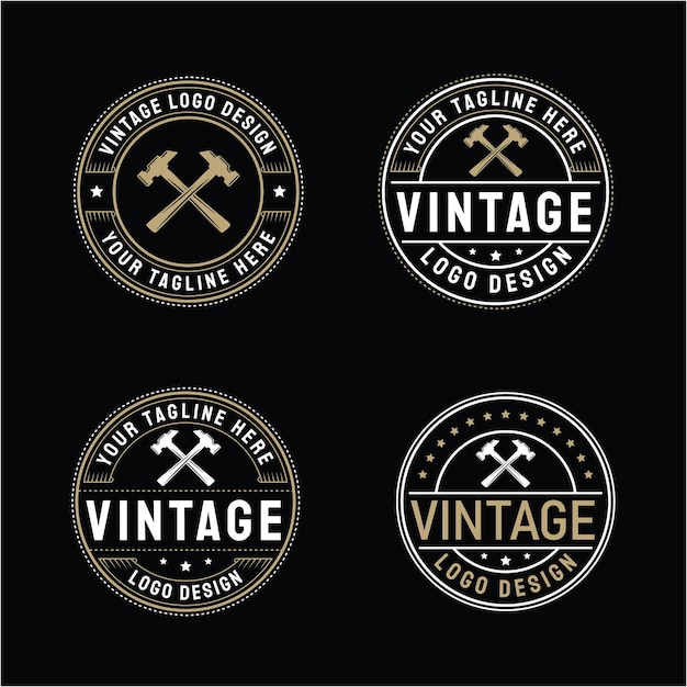 Hammer retro vintage logo-ontwerp met badge vector hammer-logo-ontwerp