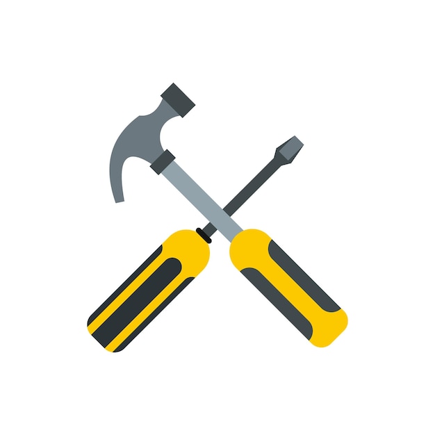 Hammer and screwdriver icon in flat style isolated on white background Tool symbol